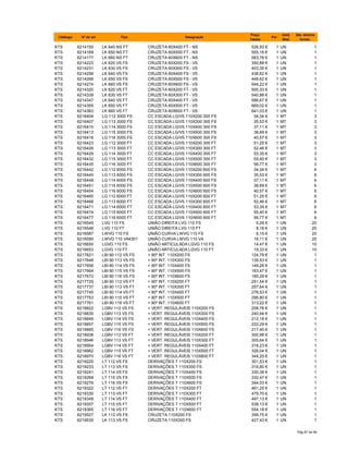 Catálogo Nº do art. Tipo Designação
Preço
Tabela
Por
Unid.
Med.
Qte. minima
fornec.
KTS 6214150 LK 640 NS FT CRUZETA 60X400 FT - NS 526,93 € 1 UN 1
KTS 6214169 LK 650 NS FT CRUZETA 60X500 FT - NS 555,16 € 1 UN 1
KTS 6214177 LK 660 NS FT CRUZETA 60X600 FT - NS 583,76 € 1 UN 1
KTS 6214223 LK 620 VS FS CRUZETA 60X200 FS - VS 350,88 € 1 UN 1
KTS 6214231 LK 630 VS FS CRUZETA 60X300 FS - VS 403,35 € 1 UN 1
KTS 6214258 LK 640 VS FS CRUZETA 60X400 FS - VS 438,62 € 1 UN 1
KTS 6214266 LK 650 VS FS CRUZETA 60X500 FS - VS 448,62 € 1 UN 1
KTS 6214274 LK 660 VS FS CRUZETA 60X600 FS - VS 544,22 € 1 UN 1
KTS 6214320 LK 620 VS FT CRUZETA 60X200 FT - VS 500,33 € 1 UN 1
KTS 6214339 LK 630 VS FT CRUZETA 60X300 FT - VS 540,88 € 1 UN 1
KTS 6214347 LK 640 VS FT CRUZETA 60X400 FT - VS 586,67 € 1 UN 1
KTS 6214355 LK 650 VS FT CRUZETA 60X500 FT - VS 669,02 € 1 UN 1
KTS 6214363 LK 660 VS FT CRUZETA 60X600 FT - VS 641,03 € 1 UN 1
KTS 6216404 LG 112 3000 FS CC ESCADA LG/VS 110X200 300 FS 34,34 € 1 MT 3
KTS 6216407 LG 113 3000 FS CC ESCADA LG/VS 110X300 300 FS 35,53 € 1 MT 3
KTS 6216410 LG 114 3000 FS CC ESCADA LG/VS 110X400 300 FS 37,11 € 1 MT 3
KTS 6216413 LG 115 3000 FS CC ESCADA LG/VS 110X500 300 FS 38,69 € 1 MT 3
KTS 6216416 LG 116 3000 FS CC ESCADA LG/VS 110X600 300 FS 40,57 € 1 MT 3
KTS 6216423 LG 112 3000 FT CC ESCADA LG/VS 110X200 300 FT 51,25 € 1 MT 3
KTS 6216426 LG 113 3000 FT CC ESCADA LG/VS 110X300 300 FT 52,46 € 1 MT 3
KTS 6216429 LG 114 3000 FT CC ESCADA LG/VS 110X400 300 FT 53,35 € 1 MT 3
KTS 6216432 LG 115 3000 FT CC ESCADA LG/VS 110X500 300 FT 55,40 € 1 MT 3
KTS 6216435 LG 116 3000 FT CC ESCADA LG/VS 110X600 300 FT 56,77 € 1 MT 3
KTS 6216442 LG 112 6000 FS CC ESCADA LG/VS 110X200 600 FS 34,34 € 1 MT 6
KTS 6216445 LG 113 6000 FS CC ESCADA LG/VS 110X300 600 FS 35,53 € 1 MT 6
KTS 6216448 LG 114 6000 FS CC ESCADA LG/VS 110X400 600 FS 37,11 € 1 MT 6
KTS 6216451 LG 115 6000 FS CC ESCADA LG/VS 110X500 600 FS 38,69 € 1 MT 6
KTS 6216454 LG 116 6000 FS CC ESCADA LG/VS 110X600 600 FS 40,57 € 1 MT 6
KTS 6216465 LG 112 6000 FT CC ESCADA LG/VS 110X200 600 FT 51,25 € 1 MT 6
KTS 6216468 LG 113 6000 FT CC ESCADA LG/VS 110X300 600 FT 52,46 € 1 MT 6
KTS 6216471 LG 114 6000 FT CC ESCADA LG/VS 110X400 600 FT 53,35 € 1 MT 6
KTS 6216474 LG 115 6000 FT CC ESCADA LG/VS 110X500 600 FT 55,40 € 1 MT 6
KTS 6216477 LG 116 6000 FT CC ESCADA LG/VS 110X600 600 FT 56,77 € 1 MT 6
KTS 6216545 LVG 110 FS UNIÃO DIREITA LVG 110 FS 5,28 € 1 UN 20
KTS 6216548 LVG 110 FT UNIÃO DIREITA LVG 110 FT 8,16 € 1 UN 20
KTS 6216587 LWVG 110 FS UNIÃO CURVA LWVG 110 FS 6,15 € 1 UN 20
KTS 6216590 LWVG 110 VA4301 UNIÃO CURVA LWVG 110 VA 16,11 € 1 UN 20
KTS 6216650 LGVG 110 FS UNIÃO ARTICULADA LGVG 110 FS 14,47 € 1 UN 10
KTS 6216653 LGVG 110 FT UNIÃO ARTICULADA LGVG 110 FT 19,33 € 1 UN 10
KTS 6217621 LBI 90 112 VS FS < 90º INT. 110X200 FS 124,79 € 1 UN 1
KTS 6217648 LBI 90 113 VS FS < 90º INT. 110X300 FS 139,53 € 1 UN 1
KTS 6217656 LBI 90 114 VS FS < 90º INT. 110X400 FS 149,26 € 1 UN 1
KTS 6217664 LBI 90 115 VS FS < 90º INT. 110X500 FS 163,47 € 1 UN 1
KTS 6217672 LBI 90 116 VS FS < 90º INT. 110X600 FS 185,28 € 1 UN 1
KTS 6217729 LBI 90 112 VS FT < 90º INT. 110X200 FT 251,54 € 1 UN 1
KTS 6217737 LBI 90 113 VS FT < 90º INT. 110X300 FT 257,64 € 1 UN 1
KTS 6217745 LBI 90 114 VS FT < 90º INT. 110X400 FT 278,53 € 1 UN 1
KTS 6217753 LBI 90 115 VS FT < 90º INT. 110X500 FT 296,80 € 1 UN 1
KTS 6217761 LBI 90 116 VS FT < 90º INT. 110X600 FT 313,22 € 1 UN 1
KTS 6218822 LGBV 112 VS FS < VERT. REGULÁVEIS 110X200 FS 206,76 € 1 UN 1
KTS 6218830 LGBV 113 VS FS < VERT. REGULÁVEIS 110X300 FS 240,94 € 1 UN 1
KTS 6218849 LGBV 114 VS FS < VERT. REGULÁVEIS 110X400 FS 212,18 € 1 UN 1
KTS 6218857 LGBV 115 VS FS < VERT. REGULÁVEIS 110X500 FS 222,29 € 1 UN 1
KTS 6218865 LGBV 116 VS FS < VERT. REGULÁVEIS 110X600 FS 217,40 € 1 UN 1
KTS 6218938 LGBV 112 VS FT < VERT. REGULÁVEIS 110X200 FT 300,98 € 1 UN 1
KTS 6218946 LGBV 113 VS FT < VERT. REGULÁVEIS 110X300 FT 305,64 € 1 UN 1
KTS 6218954 LGBV 114 VS FT < VERT. REGULÁVEIS 110X400 FT 316,23 € 1 UN 1
KTS 6218962 LGBV 115 VS FT < VERT. REGULÁVEIS 110X500 FT 326,04 € 1 UN 1
KTS 6218970 LGBV 116 VS FT < VERT. REGULÁVEIS 110X600 FT 344,25 € 1 UN 1
KTS 6219225 LT 112 VS FS DERIVAÇÕES T 110X200 FS 301,53 € 1 UN 1
KTS 6219233 LT 113 VS FS DERIVAÇÕES T 110X300 FS 316,60 € 1 UN 1
KTS 6219241 LT 114 VS FS DERIVAÇÕES T 110X400 FS 330,38 € 1 UN 1
KTS 6219268 LT 115 VS FS DERIVAÇÕES T 110X500 FS 332,47 € 1 UN 1
KTS 6219276 LT 116 VS FS DERIVAÇÕES T 110X600 FS 344,03 € 1 UN 1
KTS 6219322 LT 112 VS FT DERIVAÇÕES T 110X200 FT 461,25 € 1 UN 1
KTS 6219330 LT 113 VS FT DERIVAÇÕES T 110X300 FT 479,70 € 1 UN 1
KTS 6219349 LT 114 VS FT DERIVAÇÕES T 110X400 FT 497,13 € 1 UN 1
KTS 6219357 LT 115 VS FT DERIVAÇÕES T 110X500 FT 538,13 € 1 UN 1
KTS 6219365 LT 116 VS FT DERIVAÇÕES T 110X600 FT 554,18 € 1 UN 1
KTS 6219527 LK 112 VS FS CRUZETA 110X200 FS 399,75 € 1 UN 1
KTS 6219535 LK 113 VS FS CRUZETA 110X300 FS 427,43 € 1 UN 1
Pág 67 de 94
 