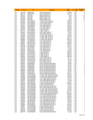 Catálogo Nº do art. Tipo Designação
Preço
Tabela
Por
Unid.
Med.
Qte. minima
fornec.
LFS 6247148 LKM60150FS CALHA LKM 60150 FS 83,03 € 1 MT 2
LFS 6247164 LKM60200FS CALHA LKM 60200 FS 100,15 € 1 MT 2
LFS 6247431 LKM SV20 UNIÃO LKM/SV-20 FS 1,36 € 1 UN 10
LFS 6247434 LKM SV30 UNIÃO LKM/SV-30 FS 1,55 € 1 UN 10
LFS 6247458 LKM SV40 UNIÃO LKM/SV-40 FS 1,81 € 1 UN 10
LFS 6247466 LKM SV60 UNIÃO LKM/SV-60 FS 4,88 € 1 UN 10
LFS 6247490 LKM F40040FS < PLANO LKM/F 40040 FS 168,59 € 1 UN 1
LFS 6247504 LKM F40060FS < PLANO LKM/F 40060 FS 176,79 € 1 UN 1
LFS 6247563 LKM A40040FS < EXT LKM/A 40040 FS 168,40 € 1 UN 1
LFS 6247571 LKM A40060FS < EXT LKM/A 40060 FS 170,77 € 1 UN 1
LFS 6247652 LKM I40040FS < INT LKM/I 40040 FS 105,89 € 1 UN 1
LFS 6247660 LKM I40060FS < INT LKM/I 40060 FS 103,25 € 1 UN 1
LFS 6247725 LKM T40040FS T LKM/T 40040 FS 159,03 € 1 UN 1
LFS 6247733 LKM T40060FS T LKM/T 40060 FS 165,43 € 1 UN 1
LFS 6247881 LKM E40040FS TOPO LKM/E 40040 FS 27,56 € 1 UN 1
LFS 6247903 LKM E40060FS TOPO LKM/E 40060 FS 33,60 € 1 UN 1
LFS 6247989 LKM F60060FS < PLANO LKM/F 60060 FS 178,50 € 1 UN 1
LFS 6248004 LKM F60100FS < PLANO LKM/F 60100 FS 182,79 € 1 UN 1
LFS 6248012 LKM F60150FS < PLANO LKM/F 60150 FS 188,41 € 1 UN 1
LFS 6248020 LKM F60200FS < PLANO LKM/F 60200 FS 200,63 € 1 UN 1
LFS 6248047 LKM A60060FS < EXT LKM/A 60060 FS 173,28 € 1 UN 1
LFS 6248063 LKM A60100FS < EXT LKM/A 60100 FS 184,56 € 1 UN 1
LFS 6248071 LKM A60150FS < EXT LKM/A 60150 FS 188,53 € 1 UN 1
LFS 6248098 LKM A60200FS < EXT LKM/A 60200 FS 193,27 € 1 UN 1
LFS 6248128 LKM I60060FS < INT LKM/I 60060 FS 106,77 € 1 UN 1
LFS 6248144 LKM I60100FS < INT LKM/I 60100 FS 115,75 € 1 UN 1
LFS 6248152 LKM I60150FS < INT LKM/I 60150 FS 117,39 € 1 UN 1
LFS 6248160 LKM I60200FS < INT LKM/I 60200 FS 126,46 € 1 UN 1
LFS 6248187 LKM T60060FS T LKM/T 60060 FS 185,63 € 1 UN 1
LFS 6248209 LKM T60100FS T LKM/T 60100 FS 203,92 € 1 UN 1
LFS 6248217 LKM T60150FS T LKM/T 60150 FS 254,08 € 1 UN 1
LFS 6248225 LKM T60200FS T LKM/T 60200 FS 266,65 € 1 UN 1
LFS 6248284 LKM E60060FS TOPO LKM/E 60060 FS 42,11 € 1 UN 1
LFS 6248306 LKM E60100FS TOPO LKM/E 60100 FS 45,47 € 1 UN 1
LFS 6248314 LKM E60150FS TOPO LKM/E 60150 FS 51,33 € 1 UN 1
LFS 6248322 LKM E60200FS TOPO LKM/E 60200 FS 59,33 € 1 UN 1
LFS 6248462 LKM20020RW CALHA LKM 20020 BR RAL9010 30,86 € 1 MT 2
LFS 6248470 LKM20030RW CALHA LKM 20030 BR RAL9010 38,23 € 1 MT 2
LFS 6248497 LKM40040RW CALHA LKM 40040 BR RAL9010 44,19 € 1 MT 2
LFS 6248519 LKM40060RW CALHA LKM 40060 BR RAL9010 82,73 € 1 MT 2
LFS 6248608 LKM60060RW CALHA LKM 60060 BR RAL9010 99,40 € 1 MT 2
LFS 6248624 LKM60100RW CALHA LKM 60100 BR RAL9010 113,64 € 1 MT 2
LFS 6248640 LKM60150RW CALHA LKM 60150 BR RAL9010 122,31 € 1 MT 2
LFS 6248667 LKM60200RW CALHA LKM 60200 BR RAL9010 134,33 € 1 MT 2
LFS 6248993 LKM F40040RW < PLANO LKM/F 40040 BR RAL9010 178,80 € 1 UN 1
LFS 6249000 LKM F40060RW < PLANO LKM/F 40060 BR RAL9010 185,90 € 1 UN 1
LFS 6249086 LKM A40040RW < EXT LKM/A 40040 BR RAL9010 173,43 € 1 UN 1
LFS 6249094 LKM A40060RW < EXT LKM/A 40060 BR RAL9010 175,12 € 1 UN 1
LFS 6249167 LKM I40040RW < INT LKM/I 40040 BR RAL9010 117,08 € 1 UN 1
LFS 6249175 LKM I40060RW < INT LKM/I 40060 BR RAL9010 128,03 € 1 UN 1
LFS 6249256 LKM T40040RW T LKM/T 40040 BR RAL9010 295,59 € 1 UN 1
LFS 6249264 LKM T40060RW T LKM/T 40060 BR RAL9010 311,07 € 1 UN 1
LFS 6249418 LKM E40040RW TOPO LKM/E 40040 BR RAL9010 32,87 € 1 UN 1
LFS 6249426 LKM E40060RW TOPO LKM/E 40060 BR RAL9010 40,52 € 1 UN 1
LFS 6249485 LKM F60060RW < PLANO LKM/F 60060 BR RAL9010 193,85 € 1 UN 1
LFS 6249507 LKM F60100RW < PLANO LKM/F 60100 BR RAL9010 207,97 € 1 UN 1
LFS 6249515 LKM F60150RW < PLANO LKM/F 60150 BR RAL9010 241,24 € 1 UN 1
LFS 6249523 LKM F60200RW < PLANO LKM/F 60200 BR RAL9010 260,03 € 1 UN 1
LFS 6249558 LKM A60060RW < EXT LKM/A 60060 BR RAL9010 182,49 € 1 UN 1
LFS 6249574 LKM A60100RW < EXT LKM/A 60100 BR RAL9010 189,68 € 1 UN 1
LFS 6249582 LKM A60150RW < EXT LKM/A 60150 BR RAL9010 203,52 € 1 UN 1
LFS 6249590 LKM A60200RW < EXT LKM/A 60200 BR RAL9010 219,86 € 1 UN 1
LFS 6249612 LKM I60060RW < INT LKM/I 60060 BR RAL9010 145,42 € 1 UN 1
LFS 6249639 LKM I60100RW < INT LKM/I 60100 BR RAL9010 145,94 € 1 UN 1
LFS 6249647 LKM I60150RW < INT LKM/I 60150 BR RAL9010 174,37 € 1 UN 1
LFS 6249655 LKM I60200RW < INT LKM/I 60200 BR RAL9010 240,32 € 1 UN 1
LFS 6249671 LKM T60060RW T LKM/T 60060 BR RAL9010 331,05 € 1 UN 1
LFS 6249701 LKM T60100RW T LKM/T 60100 BR RAL9010 361,53 € 1 UN 1
LFS 6249728 LKM T60150RW T LKM/T 60150 BR RAL9010 390,80 € 1 UN 1
LFS 6249736 LKM T60200RW T LKM/T 60200 BR RAL9010 411,34 € 1 UN 1
LFS 6249795 LKM E60060RW TOPO LKM/E 60060 BR RAL9010 49,40 € 1 UN 1
Pág 70 de 94
 