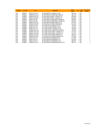 Catálogo Nº do art. Tipo Designação
Preço
Tabela
Por
Unid.
Med.
Qte. minima
fornec.
UFS 7429512 GES9-2 KS 7011 KIT BETONILHA 12 MODUL 45 CZ 309,10 € 1 UN 1
UFS 7429520 GESR9-2 KS 7011 KIT BETONILHA 12MOD RED. 5MM CZ 352,15 € 1 UN 1
UFS 7429524 GRAF9-2 KS 7011 KIT BETONILHA GRAF 12 MODUL CZ 923,69 € 1 UN 1
UFS 7429528 GRAF9-2 KS 9011 KIT BETONILHA GRAF 12 MODUL PT 923,69 € 1 UN 1
UFS 7429540 RKN2 4 KS V25 KIT BETONILHA PASSAGEM 6-25MM VA 462,86 € 1 UN 1
UFS 7429544 RKN2 9 KS V25 KIT BETONILHA PASSAGEM 12-25MM VA 549,00 € 1 UN 1
UFS 7429548 RKSN2 4 KS V25 KIT BETONILHA 6MOD S/ABA 25 VA 512,79 € 1 UN 1
UFS 7429552 RKSN2 9 KS V25 KIT BETONILHA 12MOD S/ABA 25 VA 621,83 € 1 UN 1
UFS 7429584 GES4-2 KU 7011 KIT CHÃO FALSO 6 MODUL 45 CZ 83,43 € 1 UN 1
UFS 7429588 GES6-2 KU 7011 KIT CHÃO FALSO 9 MODUL 45 CZ 107,24 € 1 UN 1
UFS 7429592 GES9-2 KU 7011 KIT CHÃO FALSO 12 MODUL 45 CZ 125,88 € 1 UN 1
UFS 7429600 GESR9-2 KU 7011 KIT CHÃO FALSO 12MOD RED. 5MM CZ 148,32 € 1 UN 1
UFS 7429604 GRAF9-2 KU 7011 KIT CHÃO FALSO GRAF 12 MODUL CZ 714,15 € 1 UN 1
UFS 7429608 GRAF9-2 KU 9011 KIT CHÃO FALSO GRAF 12 MODUL PT 714,15 € 1 UN 1
UFS 7429618 RKSN2 4 KU V25 KIT CHÃO FALSO 6MOD S/ABA 25 VA 399,43 € 1 UN 1
UFS 7429622 RKSN2 9 KU V25 KIT CHÃO FALSO 12MOD S/ABA 25 VA 473,09 € 1 UN 1
UFS 7429640 ZES4-2 KS 7011 KIT BETONILHA PASSAGEM 6 CZ 217,58 € 1 UN 1
UFS 7429644 ZES6-2 KS 7011 KIT BETONILHA PASSAGEM 9 CZ 232,25 € 1 UN 1
UFS 7429648 ZES9-2 KS 7011 KIT BETONILHA PASSAGEM 12 CZ 292,63 € 1 UN 1
UFS 7429656 ZESR9-2 KS 7011 KIT BETONILHA PASSAGEM RED12-5 CZ 336,71 € 1 UN 1
Pág 94 de 94
 
