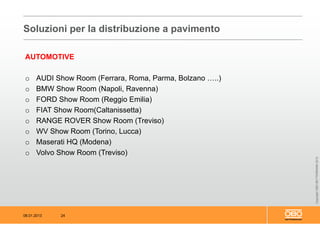 08.01.2013 24
CopyrightOBOBETTERMANN2012
Soluzioni per la distribuzione a pavimento
AUTOMOTIVE
o AUDI Show Room (Ferrara, Roma, Parma, Bolzano …..)
o BMW Show Room (Napoli, Ravenna)
o FORD Show Room (Reggio Emilia)
o FIAT Show Room(Caltanissetta)
o RANGE ROVER Show Room (Treviso)
o WV Show Room (Torino, Lucca)
o Maserati HQ (Modena)
o Volvo Show Room (Treviso)
 