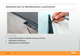 08.01.2013 28
CopyrightOBOBETTERMANN2012
Canale OKB
 Canale attrezzabile e rivestibile (recesso di 25mm)
 Flessibiltà ed efficienza
 Regolazione fine dell‘altezza
Soluzioni per la distribuzione a pavimento
 