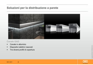 08.01.2013 34
CopyrightOBOBETTERMANN2012
Canale GAD
 Canale in alluminio
 Dispositivi elettrici nascosti
 Tre diversi profili di copertura
Soluzioni per la distribuzione a parete
 