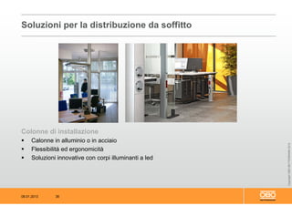 08.01.2013 36
CopyrightOBOBETTERMANN2012
Colonne di installazione
 Calonne in alluminio o in acciaio
 Flessibilità ed ergonomicità
 Soluzioni innovative con corpi illuminanti a led
Soluzioni per la distribuzione da soffitto
 