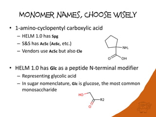 Monomer names, Choose wisely
• 1-amino-cyclopentyl carboxylic acid
– HELM 1.0 has Spg
– S&S has Ac5c (Ac6c, etc.)
– Vendors use Ac5c but also Cle
• HELM 1.0 has Glc as a peptide N-terminal modifier
– Representing glycolic acid
– In sugar nomenclature, Glc is glucose, the most common
monosaccharide
 