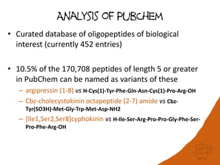 Analysis of PubChem
• Curated database of oligopeptides of biological
interest (currently 452 entries)
• 10.5% of the 170,708 peptides of length 5 or greater
in PubChem can be named as variants of these
– argipressin (1-8) vs H-Cys(1)-Tyr-Phe-Gln-Asn-Cys(1)-Pro-Arg-OH
– Cbz-cholecystokinin octapeptide (2-7) amide vs Cbz-
Tyr(SO3H)-Met-Gly-Trp-Met-Asp-NH2
– [Ile1,Ser2,Ser8]cyphokinin vs H-Ile-Ser-Arg-Pro-Pro-Gly-Phe-Ser-
Pro-Phe-Arg-OH
 