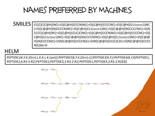 Names preferred by MACHINES
CC(C)C[C@H](NC(=O)[C@H](CCCN)NC(=O)[C@H](CCCCNC(=O)[C@H](Cc1ccccc1)NC
(=O)[C@@H](N)CCCCN)NC(=O)[C@H](Cc1ccccc1)NC(=O)[C@@H](N)CCCCN)C(=O)N
CCCC[C@H](NC(=O)[C@H](CC(C)C)NC(=O)[C@H](CCCN)NC(=O)[C@H](CCCCNC(=O)[
C@H](Cc1ccccc1)NC(=O)[C@@H](N)CCCCN)NC(=O)[C@H](Cc1ccccc1)NC(=O)[C@@
H](N)CCCCN)C(=O)N[C@@H](CCCCN)C(=O)N[C@@H](CC(C)C)C(=O)N[C@@H](CCCC
N)C(N)=O
PEPTIDE1{K.F.K.[Orn].L.K.K.L.K.[am]}|PEPTIDE2{K.F.K.[Orn].L}|PEPTIDE3{K.F}|PEPTIDE4{K.F}$PEPTIDE1,
PEPTIDE2,6:R3-5:R2|PEPTIDE2,PEPTIDE3,3:R3-2:R2|PEPTIDE1,PEPTIDE4,3:R3-2:R2$$$
HELM
SMILES
 