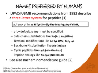 Names preferred by Humans
• IUPAC/IUBMB recommendations from 1983 describe
a three-letter system for peptides [1]
– L- by default, D-/DL- must be specified
– Side-chain substitutions like Ser(Ac), Asp(OMe)
– Terminal modifications like Ac-Tyr-OMe, Me2-Lys
– Backbone N substitution like Ala-(Me)Ala
– Cyclic peptides like cyclo(-Val-Orn-Leu-)
– Peptide analogs like Ala-[psi](NH-CO)-Ala
• See also Bachem nomenclature guide [2]
[1] http://www.sbcs.qmul.ac.uk/iupac/AminoAcid/
[2] http://www.bachem.com/service-support/faq/nomenclature/
adrenorphin as H-Tyr-Gly-Gly-Phe-Met-Arg-Arg-Val-NH2
 