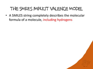 The SMILES IMPLICIT valence Model
• A SMILES string completely describes the molecular
formula of a molecule, including hydrogens
 