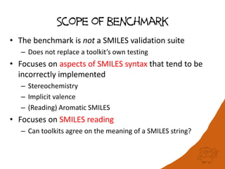 Scope of benchmark
• The benchmark is not a SMILES validation suite
– Does not replace a toolkit’s own testing
• Focuses on aspects of SMILES syntax that tend to be
incorrectly implemented
– Stereochemistry
– Implicit valence
– (Reading) Aromatic SMILES
• Focuses on SMILES reading
– Can toolkits agree on the meaning of a SMILES string?
 