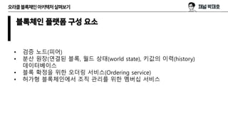 오라클블록체인아키텍처살펴보기
블록체인 플랫폼 구성 요소
• 검증 노드(피어)
• 분산 원장(연결된 블록, 월드 상태(world state), 키값의 이력(history)
데이터베이스
• 블록 확정을 위한 오더링 서비스(Ordering service)
• 허가형 블록체인에서 조직 관리를 위한 멤버십 서비스
 