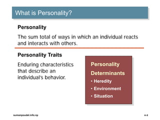 sumanpoudel.info.np 4–0
What is Personality?
Personality
The sum total of ways in which an individual reacts
and interacts with others.
Personality Traits
Enduring characteristics
that describe an
individual’s behavior.
Personality
Determinants
• Heredity
• Environment
• Situation
 