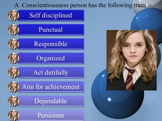 A Conscientiousness person has the following traits
 