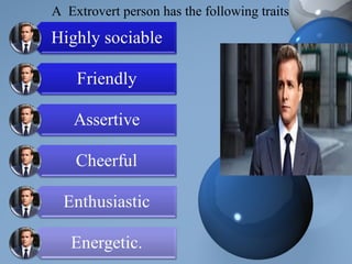 A Extrovert person has the following traits
 