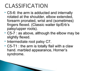  C5-6: the arm is adducted and internally
rotated at the shoulder, elbow extended,
forearm pronated, wrist and (sometimes)
fingers flexed. (Classic waiter tip/Erb’s
palsy/upper roots).
 C5-7 : as above, although the elbow may be
slightly flexed.
 Intermediate root palsy C7.
 C5-T1 : the arm is totally flail with a claw
hand. marbled appearance, Horner’s
syndrome.
 