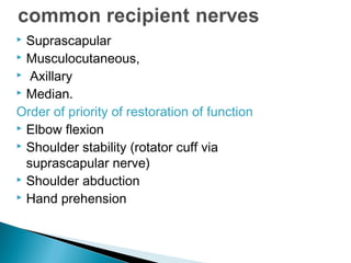  Suprascapular
 Musculocutaneous,
 Axillary
 Median.
Order of priority of restoration of function
 Elbow flexion
 Shoulder stability (rotator cuff via
suprascapular nerve)
 Shoulder abduction
 Hand prehension
 