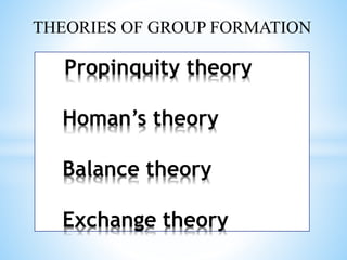 Propinquity theory
Homan’s theory
Balance theory
Exchange theory
THEORIES OF GROUP FORMATION
 