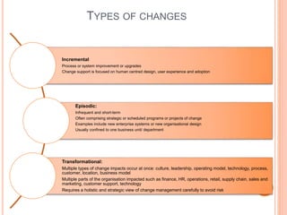 TYPES OF CHANGES
Incremental:
Process or system improvement or upgrades
Change support is focused on human centred design, user experience and adoption
Episodic:
Infrequent and short-term
Often comprising strategic or scheduled programs or projects of change
Examples include new enterprise systems or new organisational design
Usually confined to one business unit/ department
Transformational:
Multiple types of change impacts occur at once: culture, leadership, operating model, technology, process,
customer, location, business model
Multiple parts of the organisation impacted such as finance, HR, operations, retail, supply chain, sales and
marketing, customer support, technology
Requires a holistic and strategic view of change management carefully to avoid risk
 