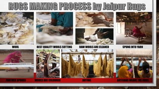 WOOL BEST QUALITY WOOLS SOTTING RAW WOOLS ARE CLEANED SPUNG INTO YARN
FURTHER SPUNED WOOLS ARE COLOURED DRYING ARTISANS WEAVE THE RUGS
 