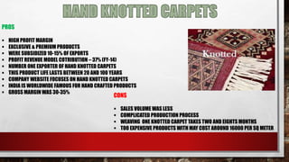 PROS
 HIGH PROFIT MARGIN
 EXCLUSIVE & PREMIUM PRODUCTS
 WERE SUBSIDIZED 10-15% OF EXPORTS
 PROFIT REVENUE MODEL COTRIBUTION – 37% (FY-14)
 NUMBER ONE EXPORTER OF HAND KNOTTED CARPETS
 THIS PRODUCT LIFE LASTS BETWEEN 20 AND 100 YEARS
 COMPANY WEBSITE FOCUSES ON HAND KNOTTED CARPETS
 INDIA IS WORLDWIDE FAMOUS FOR HAND CRAFTED PRODUCTS
 GROSS MARGIN WAS 30-35%
CONS
 SALES VOLUME WAS LESS
 COMPLICATED PRODUCTION PROCESS
 WEAVING ONE KNOTTED CARPET TAKES TWO AND EIGHTS MONTHS
 TOO EXPENSIVE PRODUCTS WITH MAY COST AROUND 16000 PER SQ METER
 