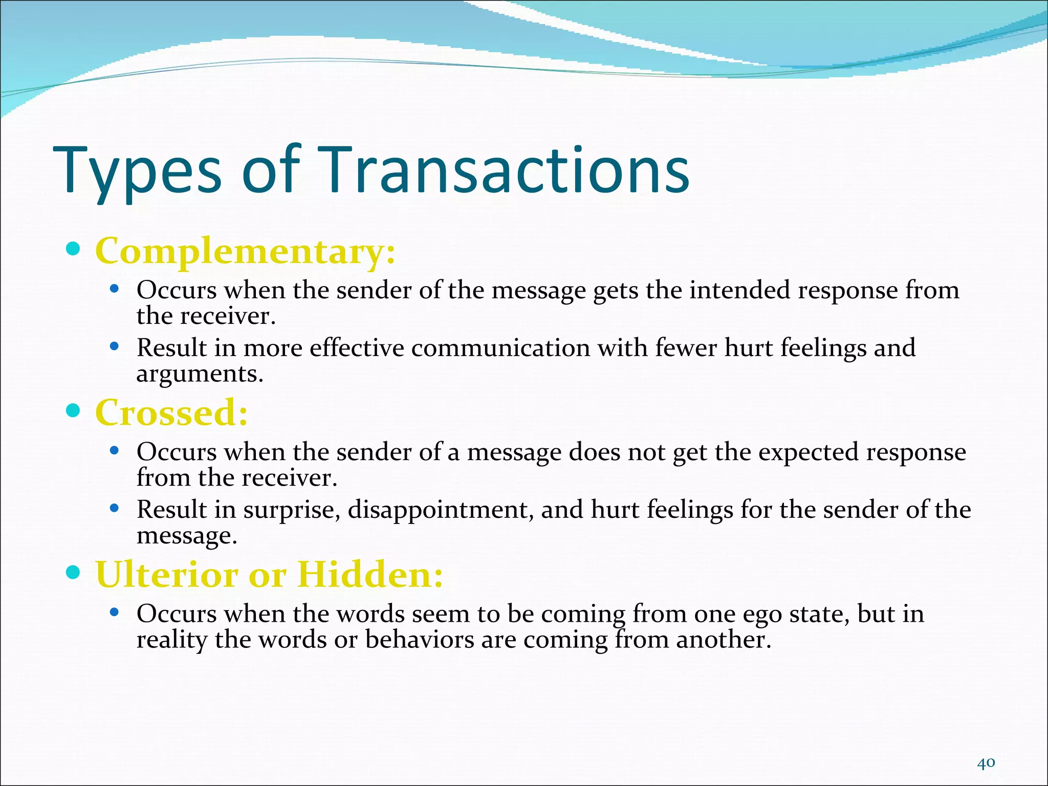 Types of Transactions Complementary:   Occurs when the sender of the message gets the intended response from the receiver. Result in more effective communication with fewer hurt feelings and arguments. Crossed:   Occurs when the sender of a message does not get the expected response from the receiver. Result in surprise, disappointment, and hurt feelings for the sender of the message. Ulterior or Hidden: Occurs when the words seem to be coming from one ego state, but in reality the words or behaviors are coming from another. 