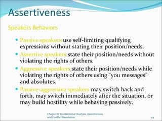 Assertiveness  Speakers Behaviors   Passive speakers  use self-limiting qualifying expressions without stating their position/needs. Assertive speakers  state their position/needs without violating the rights of others. Aggressive speakers  state their position/needs while violating the rights of others using “you messages” and absolutes. Passive-aggressive speakers  may switch back and forth, may switch immediately after the situation, or may build hostility while behaving passively. Chapter 8 Transactional Analysis, Assertiveness, and Conflict Resolution 