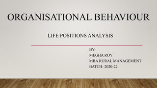 ORGANISATIONAL BEHAVIOUR
LIFE POSITIONS ANALYSIS
BY-
MEGHA ROY
MBA RURAL MANAGEMENT
BATCH- 2020-22
 