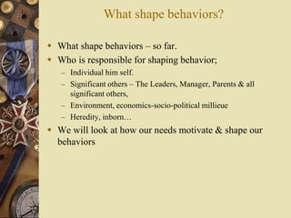 What shape behaviors?
 What shape behaviors – so far.
 Who is responsible for shaping behavior;
– Individual him self.
– Significant others – The Leaders, Manager, Parents & all
significant others,
– Environment, economics-socio-political millieue
– Heredity, inborn…
 We will look at how our needs motivate & shape our
behaviors
 