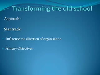 Approach :
Star track
• Influence the direction of organisation
• Primary Objectives
 