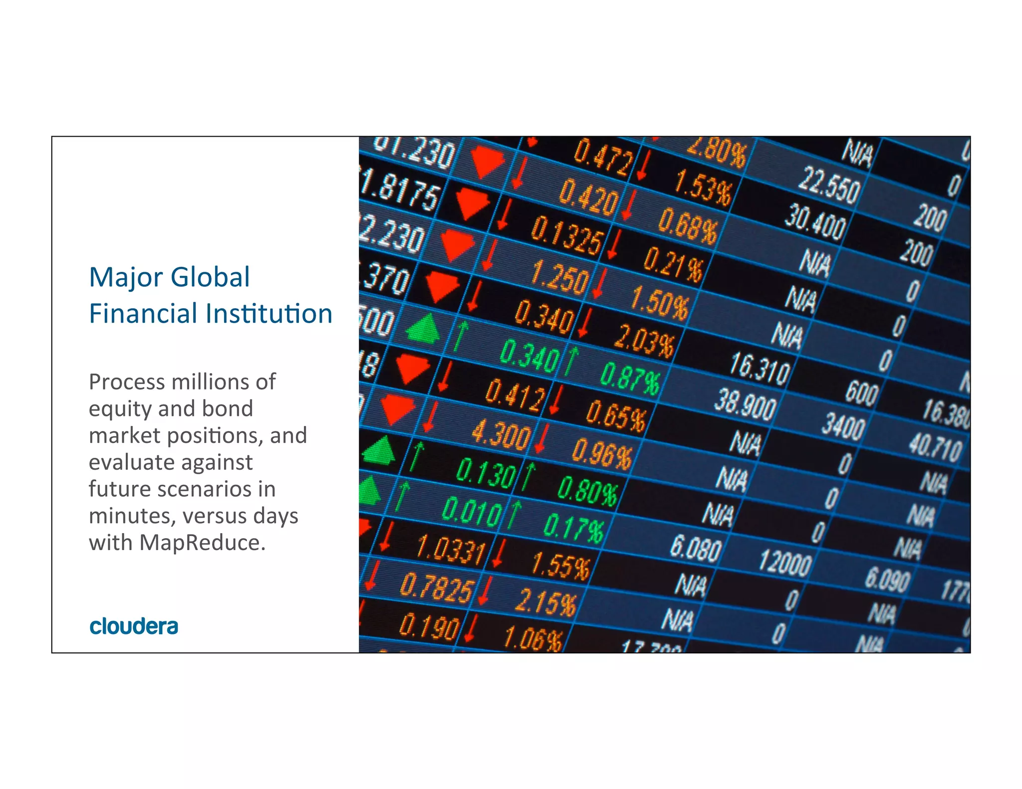 4	
  ©	
  Cloudera,	
  Inc.	
  All	
  rights	
  reserved.	
  
Process	
  millions	
  of	
  
equity	
  and	
  bond	
  	
  
market	
  posiMons,	
  and	
  
evaluate	
  against	
  
future	
  scenarios	
  in	
  
minutes,	
  versus	
  days	
  
with	
  MapReduce.	
  
Major	
  Global	
  
Financial	
  InsMtuMon	
  
 