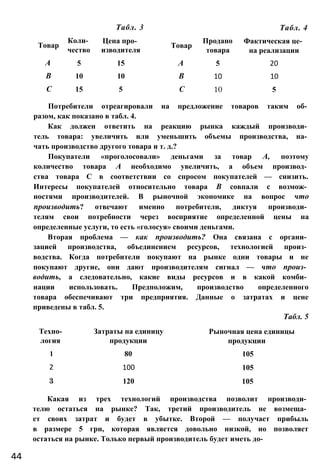 Товар
Коли­ Цена про­
чество изводителя
А 5 15
В 10 10
С 15 5
Потребители отреагировали на предложение товаров таким об­
разом, как показано в табл. 4.
Как должен ответить на реакцию рынка каждый производи­
тель товара: увеличить или уменьшить объемы производства, на­
чать производство другого товара и т. д.?
Покупатели «проголосовали» деньгами за товар А, поэтому
количество товара А необходимо увеличить, а объем производ­
ства товара С в соответствии со спросом покупателей — снизить.
Интересы покупателей относительно товара В совпали с возмож­
ностями производителей. В рыночной экономике на вопрос что
производить? отвечают именно потребители, диктуя производи­
телям свои потребности через восприятие определенной цены на
определенные услуги, то есть «голосуя» своими деньгами.
Вторая проблема — как производить? Она связана с органи­
зацией производства, объединением ресурсов, технологией произ­
водства. Когда потребители покупают на рынке одни товары и не
покупают другие, они дают производителям сигнал — что произ­
водить, а следовательно, какие виды ресурсов и в какой комби­
нации использовать. Предположим, производство определенного
товара обеспечивают три предприятия. Данные о затратах и цене
приведены в табл. 5.
Табл. 5
Техно­ Затраты на единицу Рыночная цена единицы
логия продукции продукции
1 80 105
2 100 105
3 120 105
Какая из трех технологий производства позволит производи­
телю остаться на рынке? Так, третий производитель не возмеща­
ет своих затрат и будет в убытке. Второй — получает прибыль
в размере 5 грн, которая является довольно низкой, но позволяет
остаться на рынке. Только первый производитель будет иметь до-
44
Табл. 4Табл. 3
Товар
Продано Фактическая це­
товара на реализации
А 5 20
В 10 10
С 10 5
 