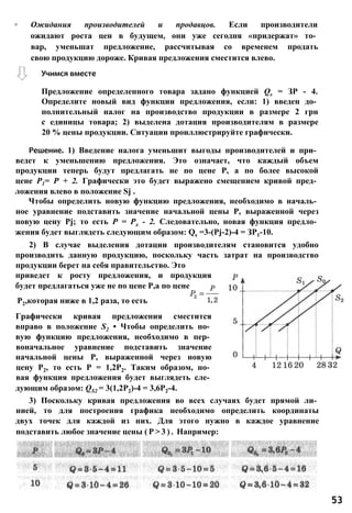 ◦ Ожидания производителей и продавцов. Если производители
ожидают роста цен в будущем, они уже сегодня «придержат» то­
вар, уменьшат предложение, рассчитывая со временем продать
свою продукцию дороже. Кривая предложения сместится влево.
Учимся вместе
Предложение определенного товара задано функцией Qs = ЗР - 4.
Определите новый вид функции предложения, если: 1) введен до­
полнительный налог на производство продукции в размере 2 грн
с единицы товара; 2) выделена дотация производителям в размере
20 % цены продукции. Ситуации проиллюстрируйте графически.
Решение. 1) Введение налога уменьшит выгоды производителей и при­
ведет к уменьшению предложения. Это означает, что каждый объем
продукции теперь будут предлагать не по цене Р, а по более высокой
цене Р1= Р + 2. Графически это будет выражено смещением кривой пред­
ложения влево в положение Sj .
Чтобы определить новую функцию предложения, необходимо в началь­
ное уравнение подставить значение начальной цены Р, выраженной через
новую цену Pj; то есть Р = Рх - 2. Следовательно, новая функция предло­
жения будет выглядеть следующим образом: Qs =3-(Pj-2)-4 = ЗР1-10.
2) В случае выделения дотации производителям становится удобно
производить данную продукцию, поскольку часть затрат на производство
продукции берет на себя правительство. Это
приведет к росту предложения, и продукция
будет предлагаться уже не по цене Р,а по цене
Р2,которая ниже в 1,2 раза, то есть
Графически кривая предложения сместится
вправо в положение S2 • Чтобы определить но­
вую функцию предложения, необходимо в пер­
воначальное уравнение подставить значение
начальной цены Р, выраженной через новую
цену Р2, то есть Р = 1,2Р2. Таким образом, но­
вая функция предложения будет выглядеть сле­
дующим образом: QS2 = 3(1,2Р2)-4 = 3,6Р2-4.
3) Поскольку кривая предложения во всех случаях будет прямой ли­
нией, то для построения графика необходимо определить координаты
двух точек для каждой из них. Для этого нужно в каждое уравнение
подставить любое значение цены ( Р > 3 ) . Например:
53
 