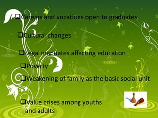 Careers and vocations open to graduates
Cultural changes
Legal mandates affecting education
Poverty
Weakening of family as the basic social unit
Value crises among youths
and adults
 