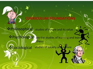 CURRICULUM FOUNDATIONS
Sociological
Psychological
Philosophical
are the studies of learning and learning
theory
studies of nature and its value
studies of society and culture
 