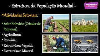 - Estrutura da População Mundial -
•Atividades Setoriais:
•Setor Primário(Criador de
Riquezas):
•Agricultura;
•Pecuária;
•Extrativismo Vegetal;
•Extrativismo Mineral.
 