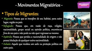 - Movimentos Migratórios -
• Tipos de Migrantes:
• Migrante: Pessoa que se transfere de seu habitat, para outro
lugar,região ou país.
• Refugiado: Pessoa que, em razão de raça, religião,
nacionalidade, grupo social ou opinião política, encontra-se
forade seu paíse não podeou nãoquer regressarao mesmo.
• Apátrida: Pessoa que perdeu a nacionalidade de origem e não
possuititulaçãode qualquer outranacionalidade.
• Asilado: Aquele que recebeu um asilo ou proteção política em
outropaís.
 