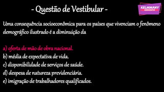 - Questão de Vestibular -
Uma consequência socioeconômica para os países que vivenciam o fenômeno
demográficoilustradoé a diminuiçãoda
a) oferta de mãode obranacional.
b) médiade expectativade vida.
c) disponibilidadede serviços de saúde.
d) despesade naturezaprevidenciária.
e) imigraçãode trabalhadoresqualificados.
 
