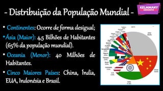- Distribuição da População Mundial-
• Continentes: Ocorrede formadesigual;
•Ásia (Maior): 4,5 Bilhões de Habitantes
(65%da populaçãomundial).
• Oceania (Menor): 40 Milhões de
Habitantes.
• Cinco Maiores Países: China, Índia,
EUA, Indonésiae Brasil.
 
