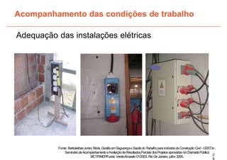 Acompanhamento das condições de trabalho
Adequação das instalações elétricas
2
9
Fonte: BarkokébasJunior,Béda.GestãoemSegurançaeSaúdedoTrabalhoparaIndústriadaConstruçãoCivil–GSST
.In.:
SemináriodeAcompanhamentoeAvaliaçãodeResultadosParciaisdosProjetosaprovadosnaChamadaPública
MCT/FINEP/Fundo Verde-Amarelo 01/2003. RioDeJaneiro, julho 2005.
 