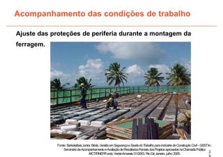 Ajuste das proteções de periferia durante a montagem da
ferragem.
Acompanhamento das condições de trabalho
2
9
Fonte: BarkokébasJunior,Béda.GestãoemSegurançaeSaúdedoTrabalhoparaIndústriadaConstruçãoCivil–GSST
.In.:
SemináriodeAcompanhamentoeAvaliaçãodeResultadosParciaisdosProjetosaprovadosnaChamadaPública
MCT/FINEP/Fundo Verde-Amarelo 01/2003. RioDeJaneiro, julho 2005.
 