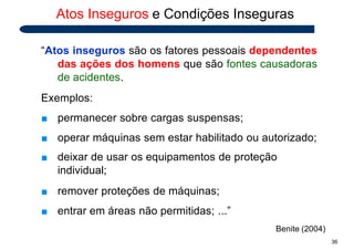 Atos Inseguros e Condições Inseguras
“Atos inseguros são os fatores pessoais dependentes
das ações dos homens que são fontes causadoras
de acidentes.
Exemplos:
■ permanecer sobre cargas suspensas;
■ operar máquinas sem estar habilitado ou autorizado;
■ deixar de usar os equipamentos de proteção
individual;
■ remover proteções de máquinas;
■ entrar em áreas não permitidas; ...”
Benite (2004)
36
 