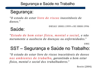 Segurança:
“O estado de estar livre de riscos inaceitáveis de
danos.”
Segurança e Saúde no Trabalho
OHSAS 18001:1999 e B S 8800:1996
4
4
Saúde:
“Estado de bem estar físico, mental e social, e não
meramente a ausência de doenças ou enfermidades.”
OMS
SST – Segurança e Saúde no Trabalho:
“O estado de estar livre de riscos inaceitáveis de danos
nos ambientes de trabalho, garantindo o bem estar
físico, mental e social dos trabalhadores.”
Benite (2004)
 