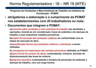 Norma Regulamentadora - 18 – NR 18 (MTE)
Programa de Condições e Meio Ambiente de Trabalho na Indústria da
Construção - PCMAT
• obrigatórios a elaboração e o cumprimento do PCMAT
nos estabelecimentos com 20 trabalhadores ou mais;
• Documentos que integram o PCMAT:
a)memorial sobre condições e meio ambiente de trabalho nas atividades e
operações, levando-se em consideração riscos de acidentes e de doenças do
trabalho e suas respectivas medidas preventivas;
b)projeto de execução das proteções coletivas em conformidade com as
etapas de execução da obra;
c)especificação técnica das proteções coletivas e individuais a serem
utilizadas;
d) cronograma de implantação das medidas preventivas definidas no PCMAT;
e)layout inicial do canteiro de obras, contemplando, inclusive, previsão de
dimensionamento das áreas de vivência;
f)programa educativo contemplando a temática de prevenção de acidentes e
doenças do trabalho, com sua carga horária.
50
 