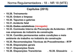 Norma Regulamentadora - 18 – NR 18 (MTE)
Capítulos (2015)
• 18.28. Treinamento
• 18.29. Ordem e limpeza
• 18.30. Tapumes e galerias
• 18.31. Acidente fatal
• 18.32. Dados estatísticos (revogado)
• 18.33. Comissão Interna de Prevenção de Acidentes - CIPA
nas empresas da indústria da construção
• 18.34. Comitês permanentes sobre condições e meio
ambiente do trabalho na indústria da construção
• 18.35. Recomendações Técnicas de Procedimentos - RTP
• 18.36. Disposições gerais
• 18.37. Disposições finais
53
• 18.38. Disposições Transitórias . 18.39. Glossário
 