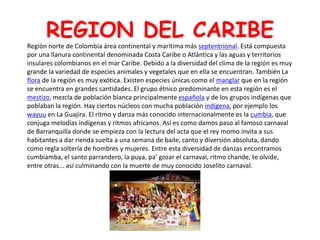 REGION DEL CARIBERegión norte de Colombia área continental y marítima más septentrional. Está compuesta por una llanura continental denominada Costa Caribe o Atlántica y las aguas y territorios insulares colombianos en el mar Caribe. Debido a la diversidad del clima de la región es muy grande la variedad de especies animales y vegetales que en ella se encuentran. También La flora de la región es muy exótica. Existen especies únicas como el manglar que en la región se encuentra en grandes cantidades. El grupo étnico predominante en esta región es el mestizo, mezcla de población blanca principalmente española y de los grupos indígenas que poblaban la región. Hay ciertos núcleos con mucha población indígena, por ejemplo los wayuu en La Guajira. El ritmo y danza más conocido internacionalmente es la cumbia, que conjuga melodías indígenas y ritmos africanos. Así es como damos paso al famoso carnaval de Barranquilla donde se empieza con la lectura del acta que el rey momo invita a sus habitantes a dar rienda suelta a una semana de baile, canto y diversión absoluta, dando como regla soltería de hombres y mujeres. Entre esta diversidad de danzas encontramos cumbiamba, el santo parrandero, la puya, pa’ gozar el carnaval, ritmo chande, te olvide, entre otras... así culminando con la muerte de muy conocido Joselito carnaval. 