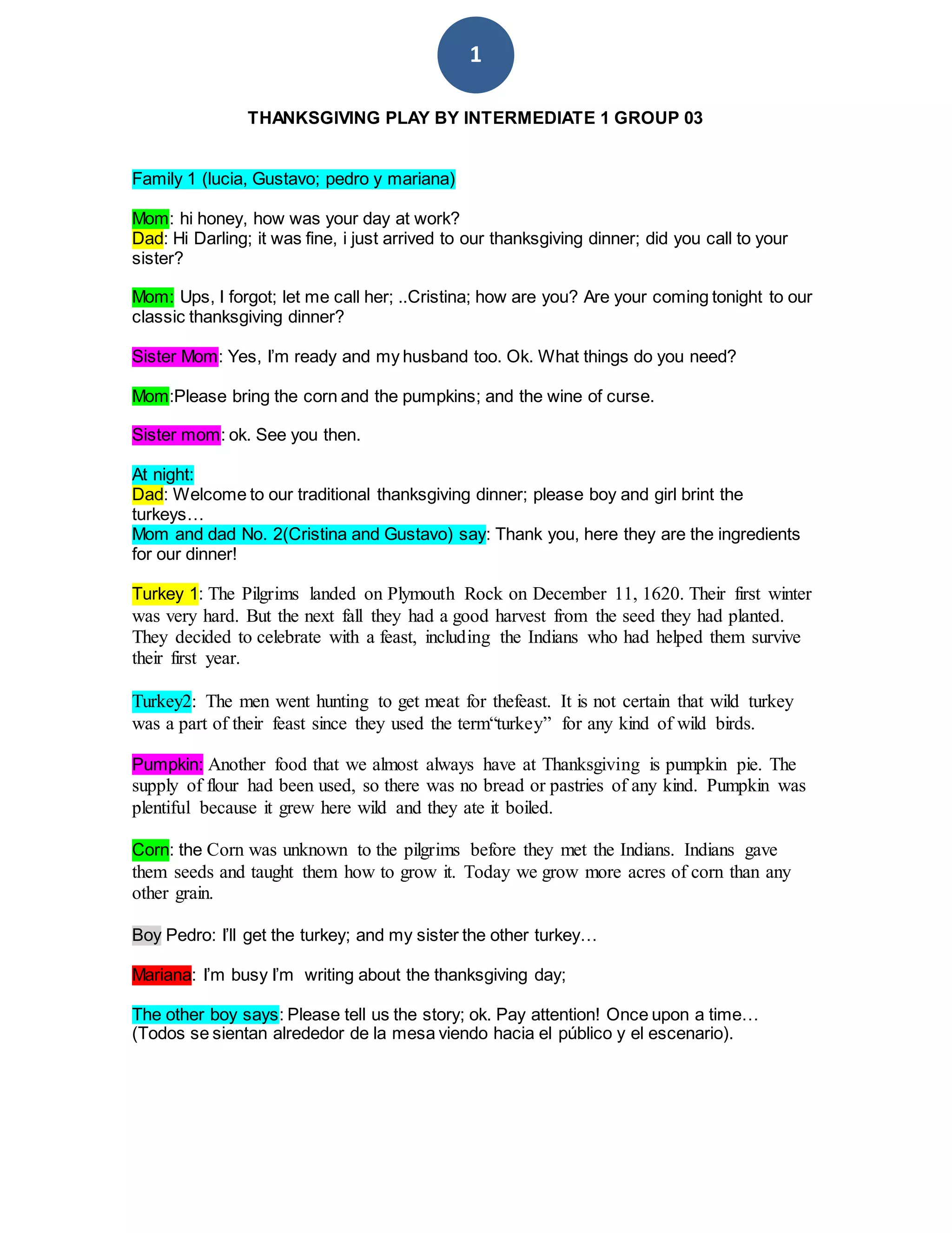 Obra De Teatro Thanks Giving (Piligrims And English) | DOCX