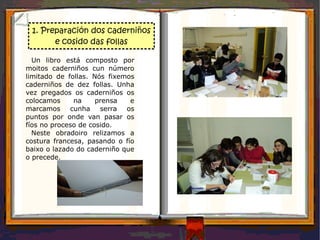 1. Preparación dos caderniños e cosido das follas Un libro está composto por moitos caderniños cun número limitado de follas. Nós fixemos caderniños de dez follas. Unha vez pregados os caderniños os colocamos na prensa e marcamos cunha serra os puntos por onde van pasar os fíos no proceso de cosido. Neste obradoiro relizamos a costura francesa, pasando o fío baixo o lazado do caderniño que o precede.  