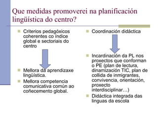 Que medidas promoverei na planificación lingüística do centro? Criterios pedagóxicos coherentes co índice global e sectoriais do centro Mellora da aprendizaxe lingüística. Mellora competencia comunicativa común ao coñecemento global. Coordinación didáctica Incardinación da PL nos proxectos que conforman o PE (plan de lectura, dinamización TIC, plan de collida de inmigrantes, convivencia, orientación, proxecto interdisciplinar…) Didáctica integrada das linguas da escola 