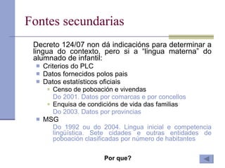Fontes secundarias Decreto 124/07 non dá indicacións para determinar a lingua do contexto, pero si a “lingua materna” do alumnado de infantil:  Criterios do PLC Datos fornecidos polos pais Datos estatísticos oficiais Censo de poboación e vivendas Do 2001. Datos por comarcas e por concellos Enquisa de condicións de vida das familias Do 2003. Datos por provincias MSG Do 1992 ou do 2004. Lingua inicial e competencia lingüística. Sete cidades e outras entidades de poboación clasificadas por número de habitantes Por que? 