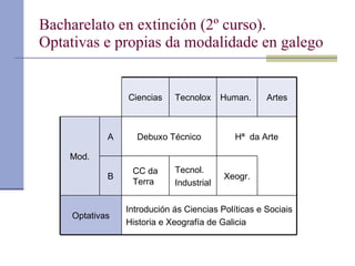 Bacharelato en extinción (2º curso). Optativas e propias da modalidade en galego Ciencias Tecnolox Human.  Artes Mod. A Debuxo Técnico Hª  da Arte B CC da Terra Tecnol. Industrial Xeogr. Optativas Introdución ás Ciencias Políticas e Sociais Historia e Xeografía de Galicia 