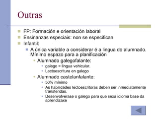 Outras FP: Formación e orientación laboral Ensinanzas especiais: non se especifican Infantil: A única variable a considerar é a lingua do alumnado. Mínimo espazo para a planificación Alumnado galegofalante: galego = lingua vehicular.  Lectoescritura en galego Alumnado castelanfalante:   50% mínimo As habilidades lectoescritoras deben ser inmediatamente transferidas. Desenvolverase o galego para que sexa idioma base da aprendizaxe 